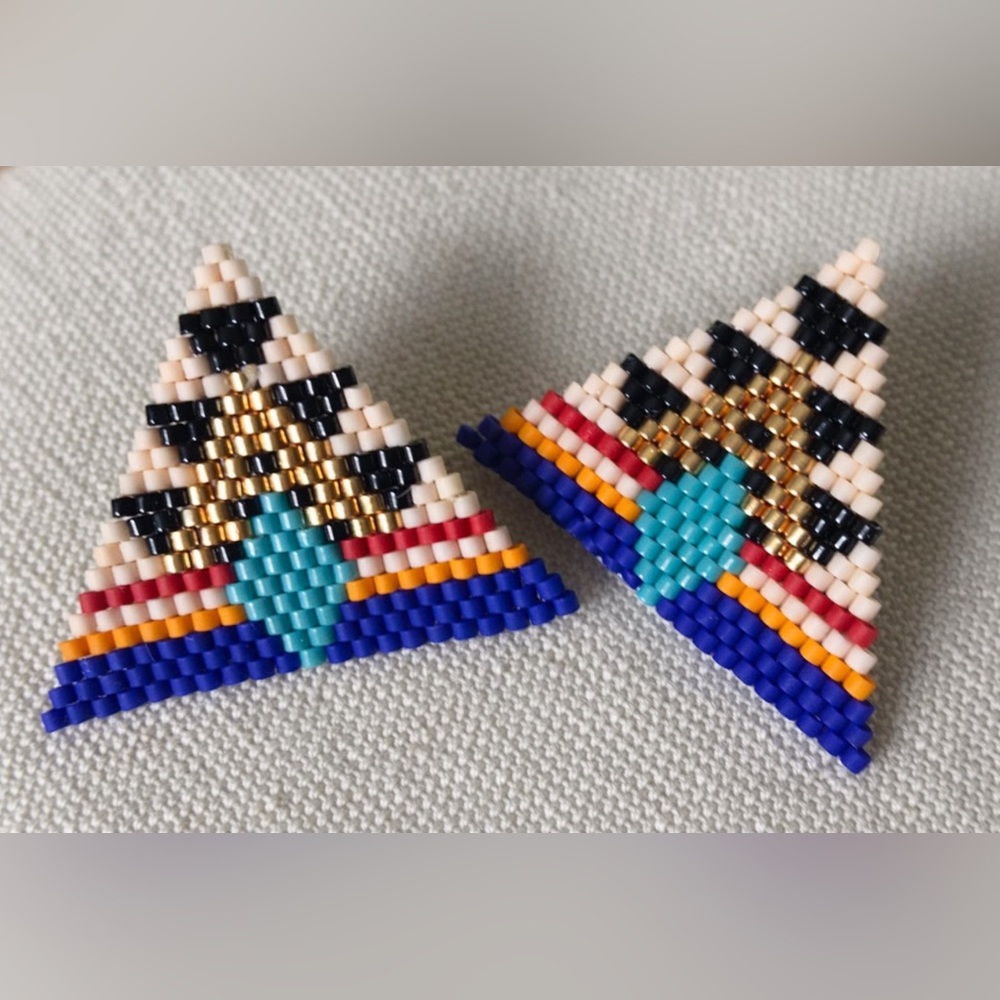 Geometric Beaded Earrings with Gold and Blue Accents